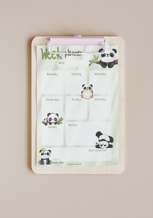 Afbeelding van de Weekplanner uit de Collectie Panda-Chan, verkrijgbaar in A5 en A4 formaat. De planner bevat 30 vellen per pad met schattige panda-illustraties, perfect voor het organiseren van je week. Handgemaakt en uniek design.