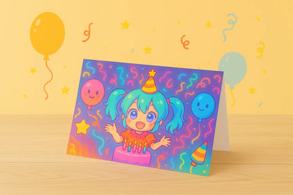 Wenskaart “Gefeliciteerd” – Neon Anime Girl Verjaardagskaart | A6 Formaat Creatieve Aap
