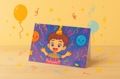 Verjaardagskaart Anime Jongen – Handgemaakte Wenskaart A6 Liggend Creatieve Aap