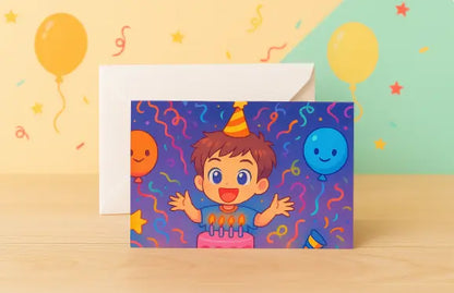 Verjaardagskaart Anime Jongen – Handgemaakte Wenskaart A6 Liggend Creatieve Aap