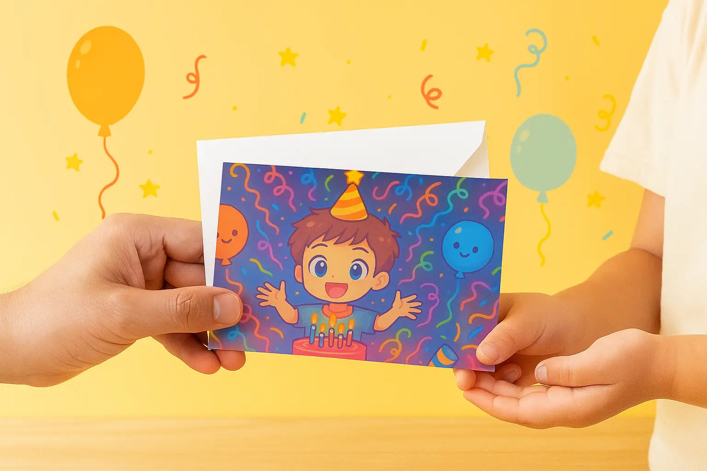 Verjaardagskaart Anime Jongen – Handgemaakte Wenskaart A6 Liggend Creatieve Aap