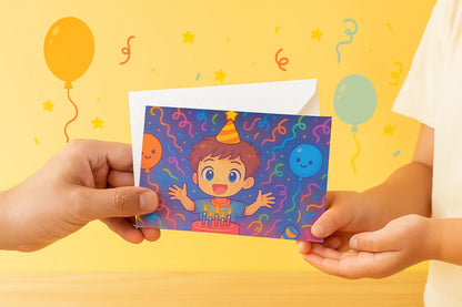 Verjaardagskaart Anime Jongen – Handgemaakte Wenskaart A6 Liggend Creatieve Aap