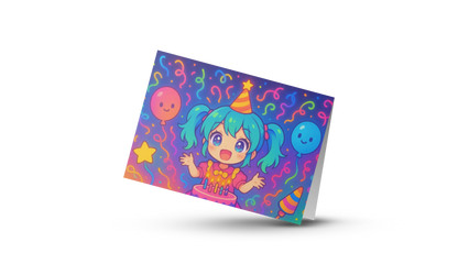Wenskaart met anime meisje in neon feeststijl, kleurrijke kawaii verjaardagskaart A6-formaat – perfect voor verjaardagen