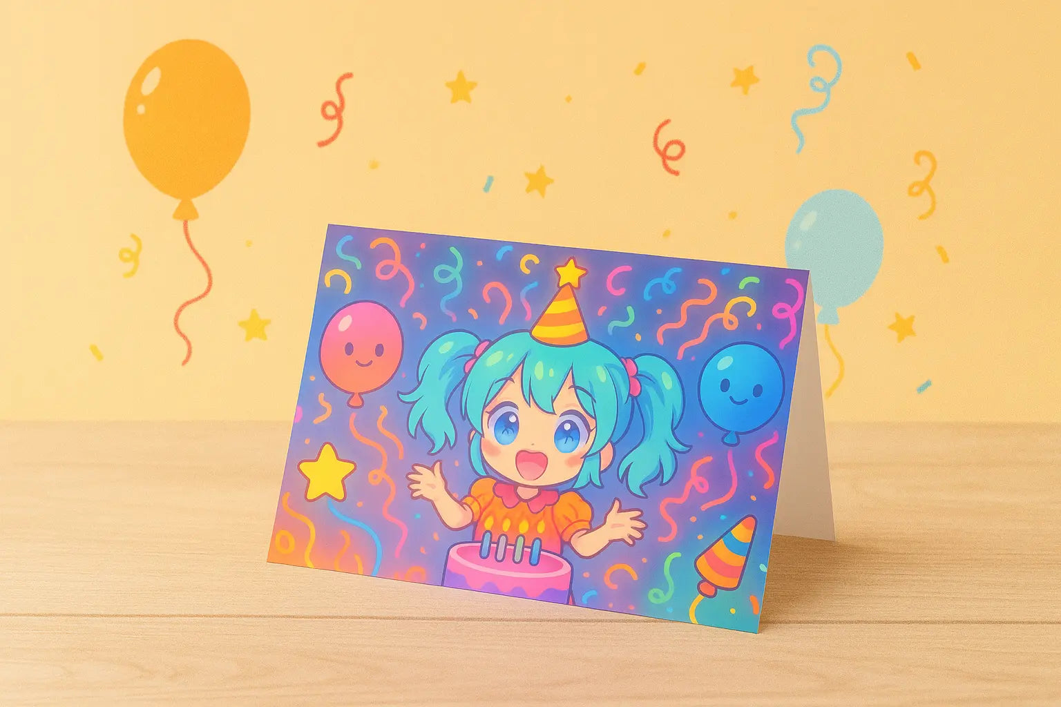 Wenskaart met anime meisje in neon feeststijl, kleurrijke kawaii verjaardagskaart A6-formaat – perfect voor verjaardagen