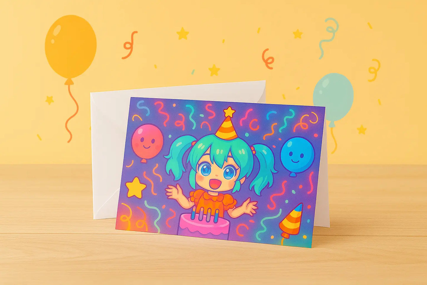 Wenskaart met anime meisje in neon feeststijl, kleurrijke kawaii verjaardagskaart A6-formaat – perfect voor verjaardagen