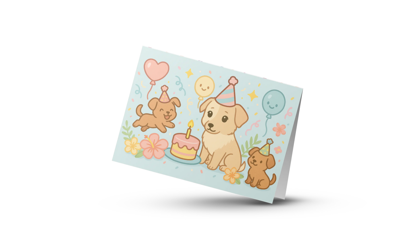 Honden Verjaardagskaart – Kawaii Wenskaart met Ballonnen & Taart | A6 Formaat | Handgemaakt Creatieve Aap