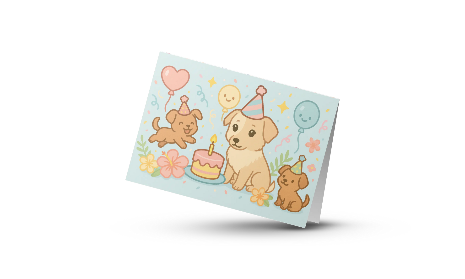 Honden Verjaardagskaart – Kawaii Wenskaart met Ballonnen & Taart | A6 Formaat | Handgemaakt Creatieve Aap