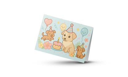 Honden Verjaardagskaart – Kawaii Wenskaart met Ballonnen & Taart | A6 Formaat | Handgemaakt Creatieve Aap
