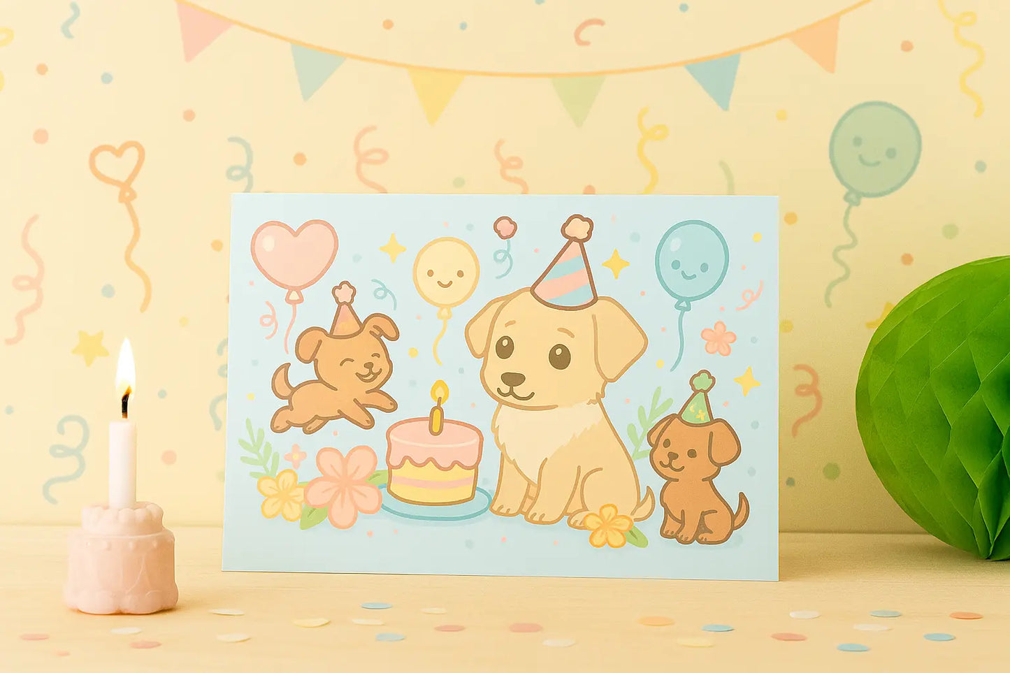 Handgemaakte verjaardagskaart met schattige hondjes, feesthoedjes, ballonnen en taart in kawaii-stijl – A6 formaat
