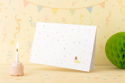 Handgemaakte verjaardagskaart met schattige hondjes, feesthoedjes, ballonnen en taart in kawaii-stijl – A6 formaat