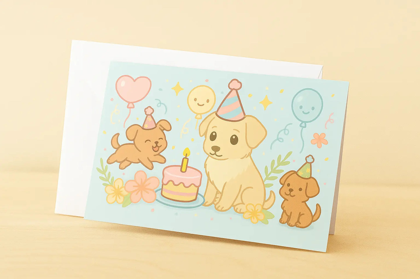 Handgemaakte verjaardagskaart met schattige hondjes, feesthoedjes, ballonnen en taart in kawaii-stijl – A6 formaat