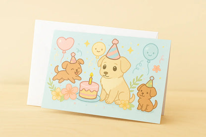 Handgemaakte verjaardagskaart met schattige hondjes, feesthoedjes, ballonnen en taart in kawaii-stijl – A6 formaat