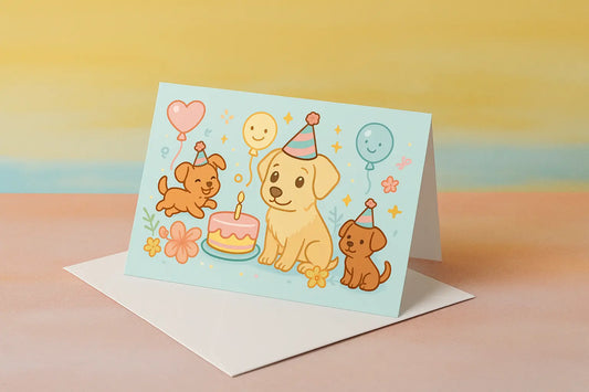 Handgemaakte verjaardagskaart met schattige hondjes, feesthoedjes, ballonnen en taart in kawaii-stijl – A6 formaat