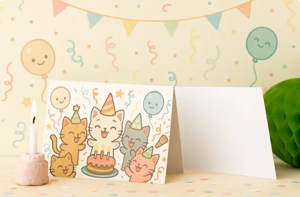 Wenskaart "Kittenparty Verjaardag" – Handgemaakt | A6 | Met of zonder envelop Creatieve Aap