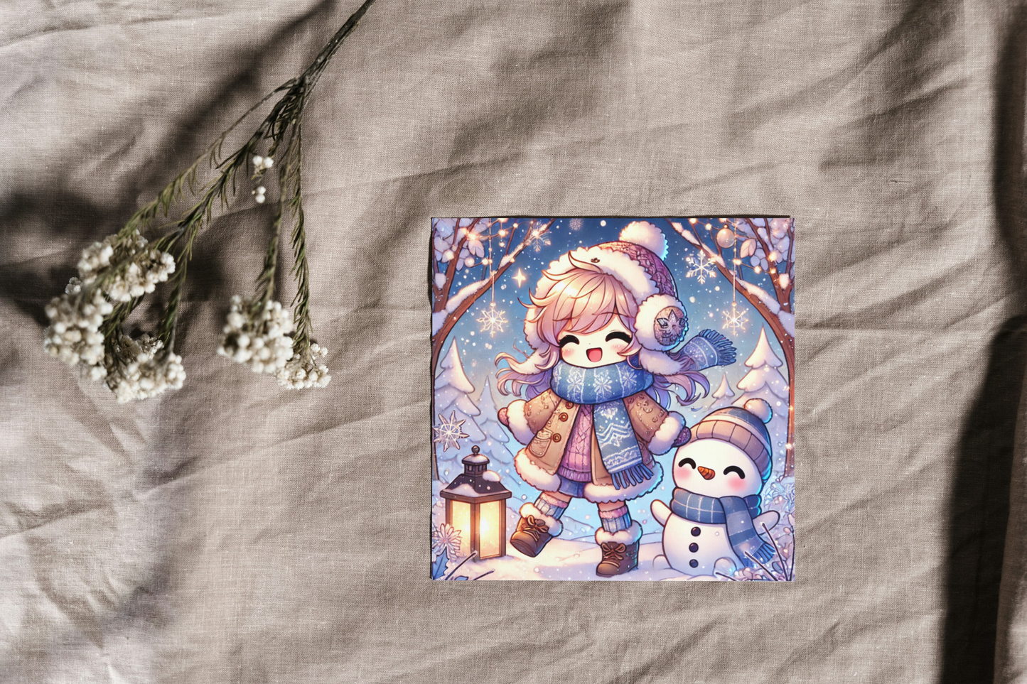 Winter wenskaart in anime kawaii stijl met een vrolijk sneeuwlandschap en schattige karakters. Geschikt voor verjaardagen of winterse gelegenheden.