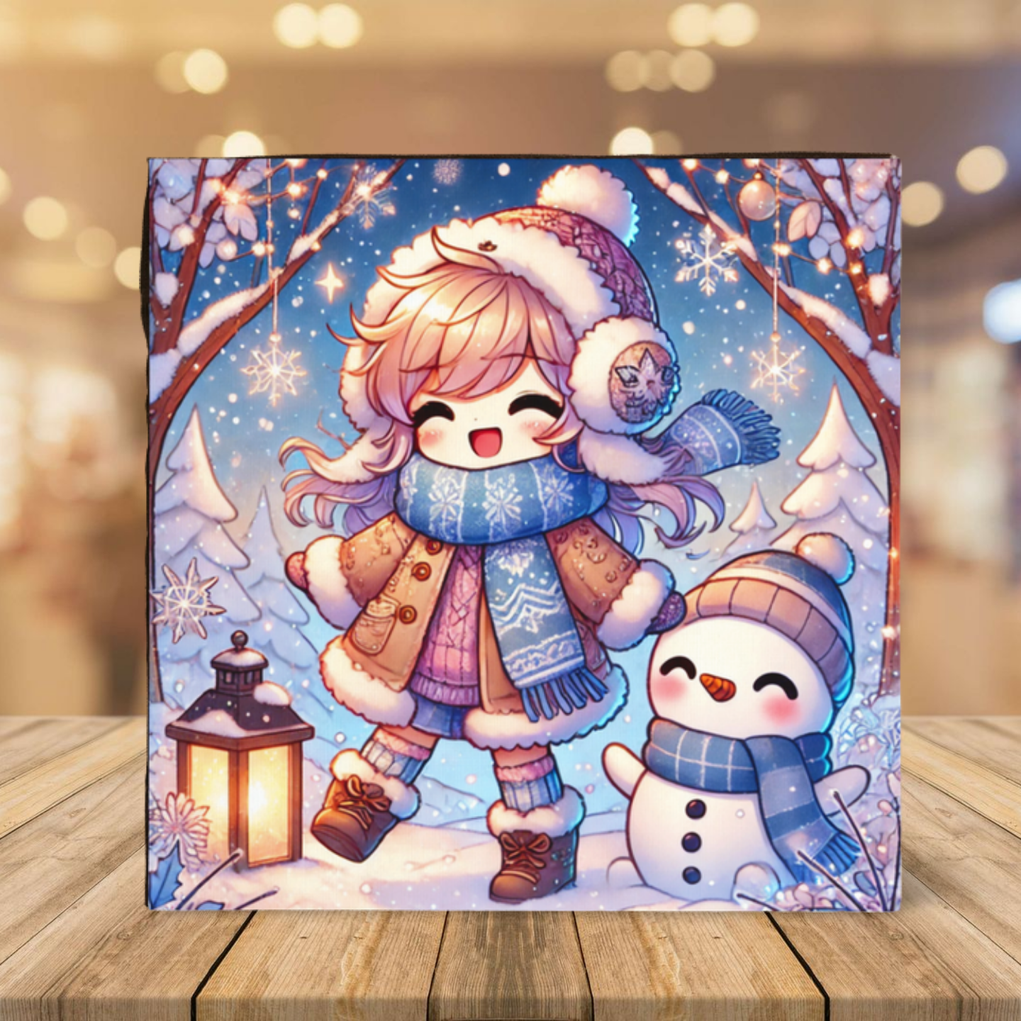 Winter wenskaart in anime kawaii stijl met een vrolijk sneeuwlandschap en schattige karakters. Geschikt voor verjaardagen of winterse gelegenheden.