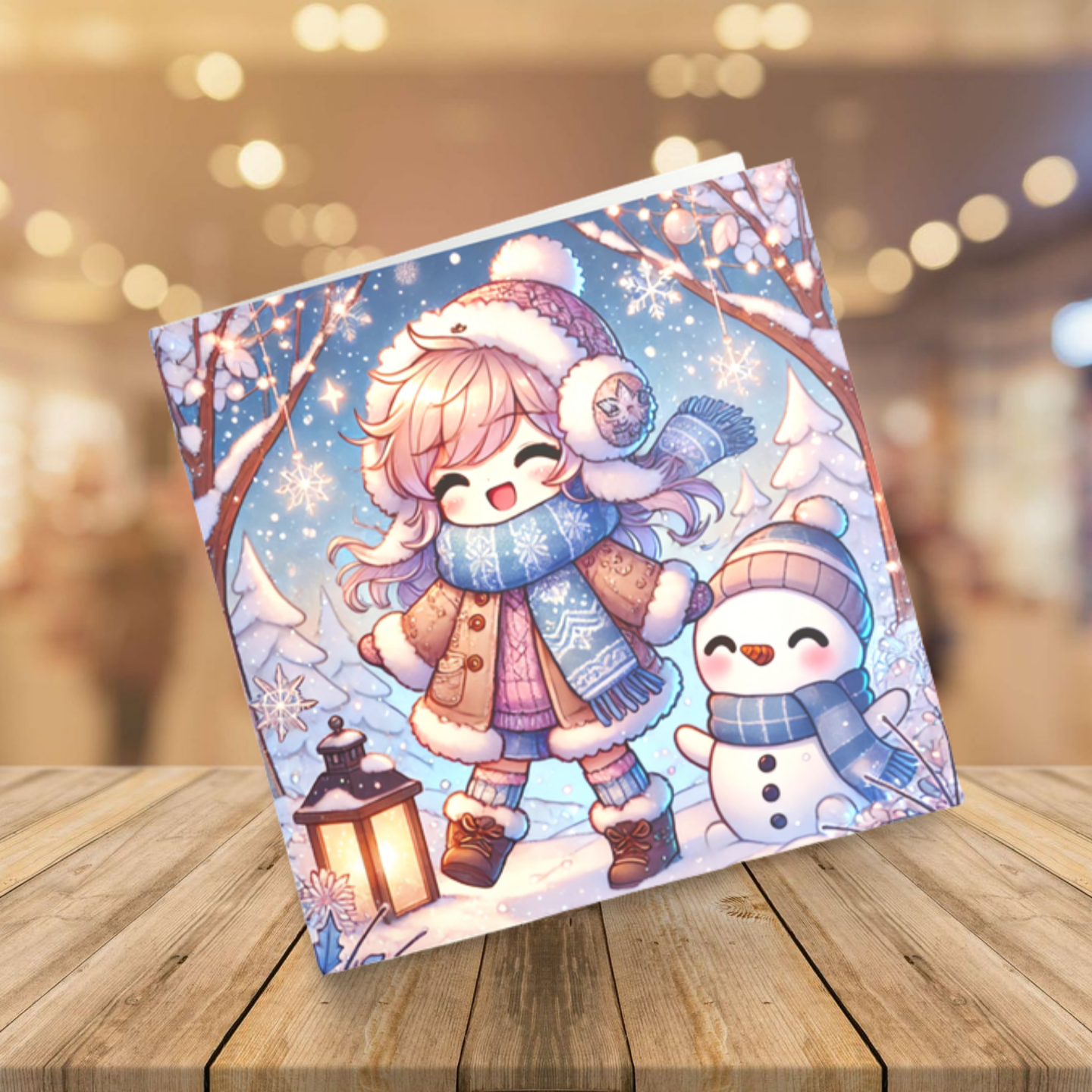 Winter wenskaart in anime kawaii stijl met een vrolijk sneeuwlandschap en schattige karakters. Geschikt voor verjaardagen of winterse gelegenheden.