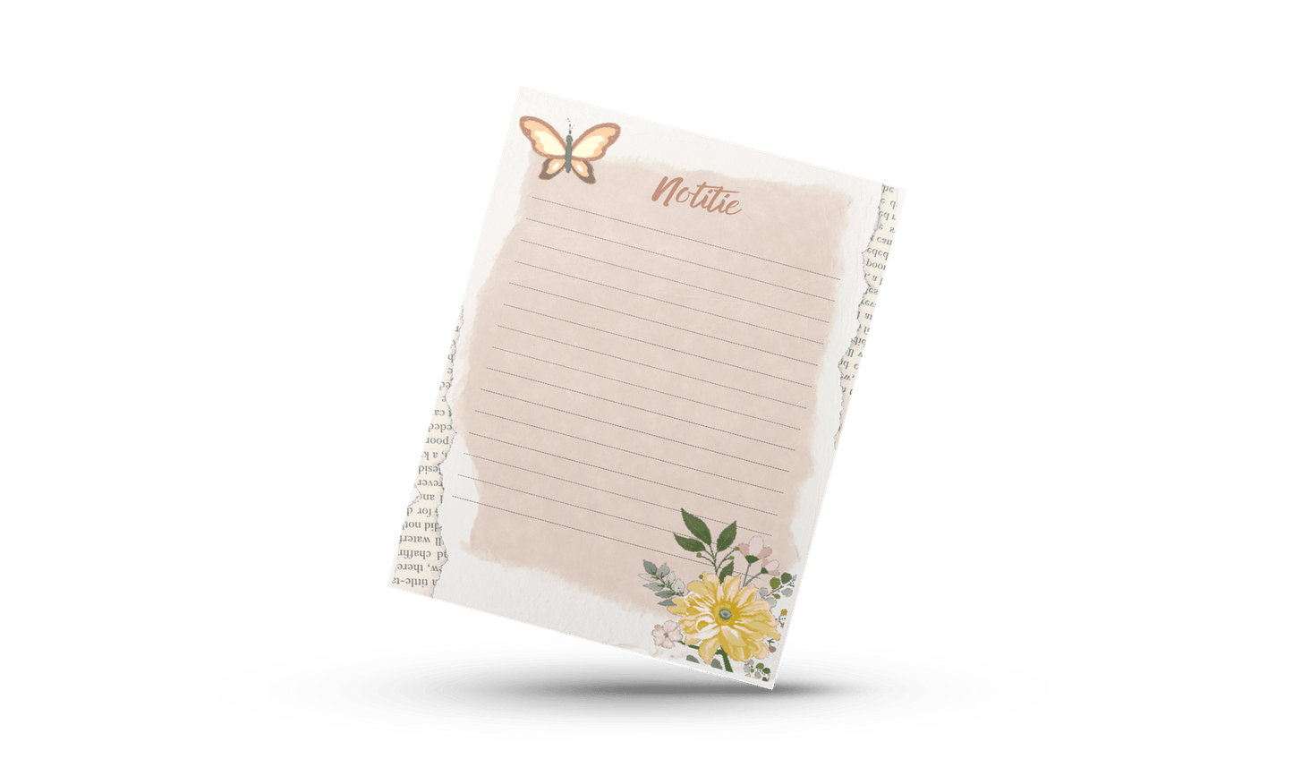 Handgemaakt Memo/Notitieblok met Vintage Bloemen en Vlinder Thema - A5 Formaat - 30 Vellen